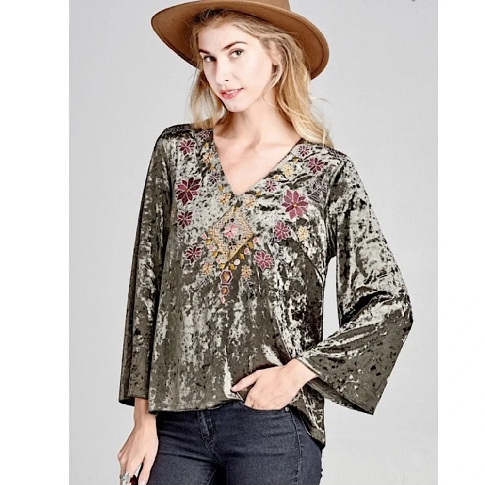 NWT BOHO green vintage crushed velvet embroidered top small medium large new